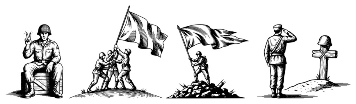 Set of woodcut style illustrations depicting World War II soldiers in various scenes of victory and remembrance