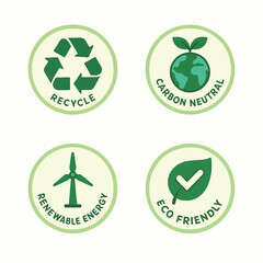 Eco Friendly Sustainability Icon Set with Recycle Symbol, Carbon Neutral Globe, Renewable Energy Wind Turbine, and Green Leaf Badge