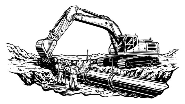 Heavy excavator digging trench for pipeline construction with workers in engraving style