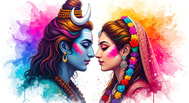 Lord Shiva and Parvati with colorful powder splashes