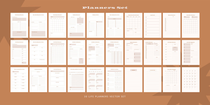 Set of minimalist monochrome abstract planners. Daily, weekly, monthly planner template. Blank printable vertical notebook page with space for notes and goals