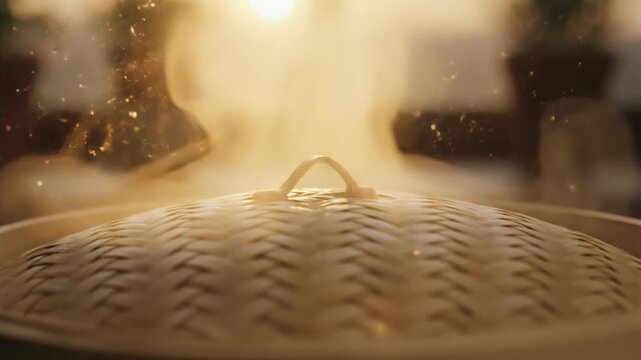 Steaming woven craft basket lid with natural materials and warm light creating cozy kitchen atmosphere and glowing soft sunset tones perfect