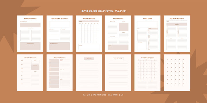 Set of minimalist monochrome abstract planners. Daily, weekly, monthly planner template. Blank printable vertical notebook page with space for notes and goals