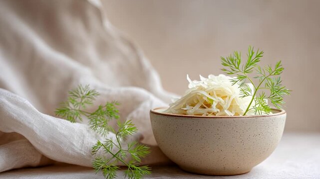 Fresh kraut in ceramic bowl with dill on linen backdrop