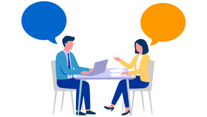 プレゼン資料や会議のビジュアルに最適なノートパソコンを囲み、にこやかに意見を交わすビジネスパーソンのイラストです。吹き出しが飛び交う活気ある雰囲気の中で、互いの信頼と協力が未来への成功を予感させます。