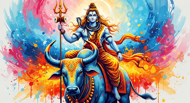Lord Shiva rides blue bull Nandi with trident colorful abstract background