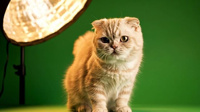 Grumpy Scottish Fold Cat on Green Screen, Studio Lighting