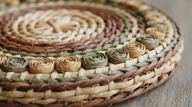 Woven craft materials made from natural elements display beautiful circular pattern with earthy tones and rustic textures showcasing traditional
