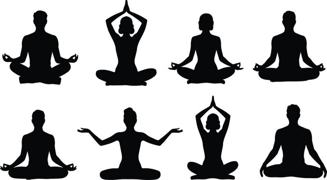 Meditation silhouettes set, yoga and mindfulness poses collection, calm human figures sitting in lotus and breathing positions, wellness relaxation concept, spiritual harmony symbols