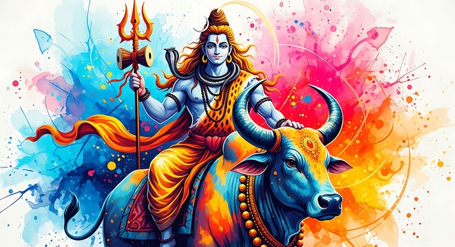 Lord Shiva rides Nandi bull amidst vibrant watercolor splashes