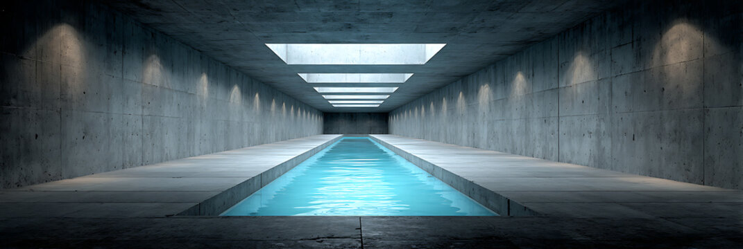 Futuristic Underground Concrete Pool Hall with Minimalist Brutalist Architecture, Cinematic Lighting, and Clear Turquoise Water in a Symmetrical Industrial Interior Design