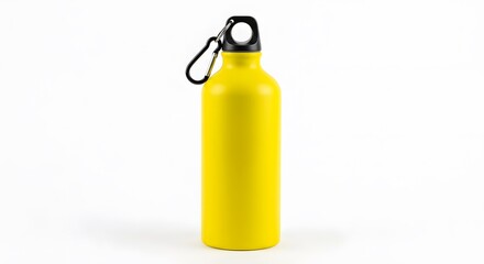 Obraz premium Yellow metal water bottle with carabiner clip on white background