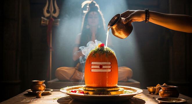 Orange shiva lingam ritual with milk pouring and smoke