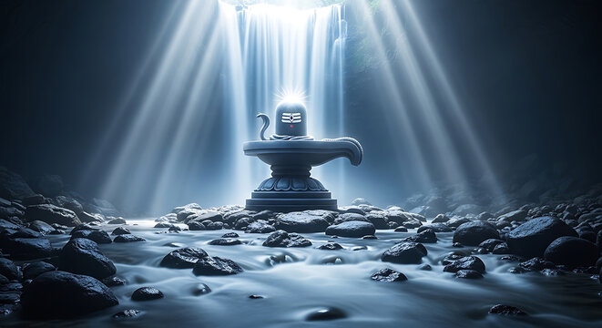Shiva lingam with waterfall and light rays hindu religion
