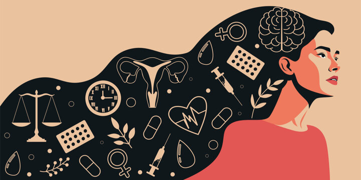 Women's Health Day. Women's mental health. Woman with long hair, medical symbols uterus, heart, brain, scales, pills. Mindfulness, care. Vector banner in a soft palette to awareness of women's health