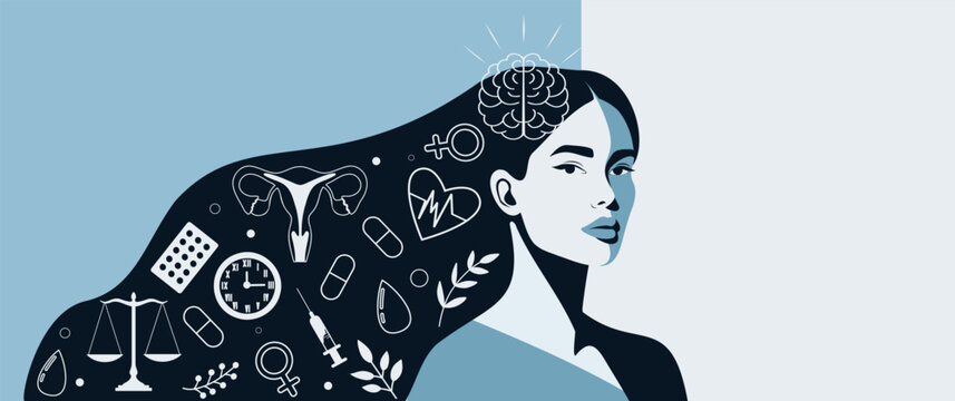 Women's Health Day. Women's mental health. Woman with long hair, medical symbols uterus, heart, brain, scales, pills. Mindfulness, care. Vector banner in a blue palette to awareness of women's health