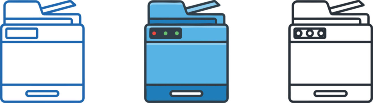 Office photocopier machine icons set printing copier equipment vector illustration collection technology hardware device design elements