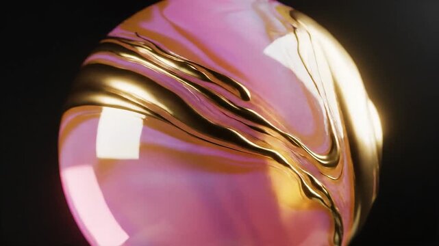 3D dreamy liquid marble animation, soft glowing gold and pink swirls