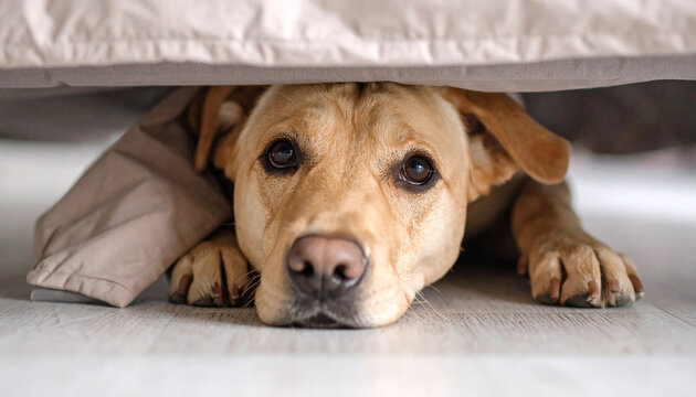 Perro asustado escondido debajo de la cama mostrando miedo y ansiedad, concepto de estr&eacute;s en mascotas, problemas de comportamiento en perros y trauma por ruido de cohetes o petardos