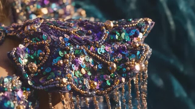 Close-up of vibrant sequin and bead work on a luxurious costume, shimmering with intricate detail for an exotic elegance concept