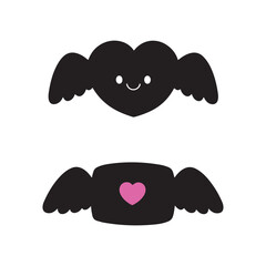 A unique combination of heart shapes with angel wings and bat wings, symbolizing love and mystery. Vector silhouette.