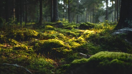 Obraz premium Sunlight Illuminates Mossy Forest Floor in Enchanting Woodland Scene.