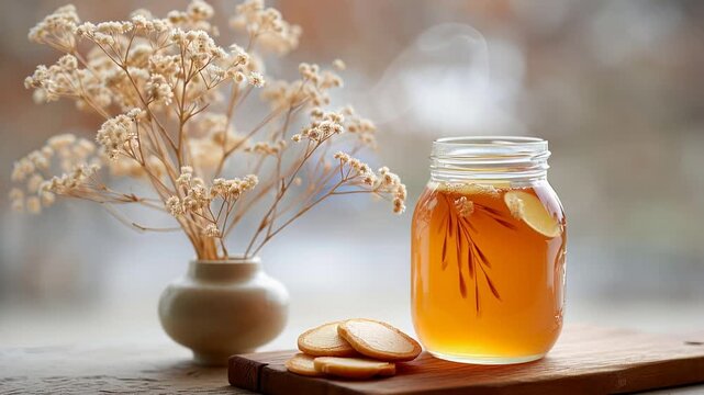 Refreshing ginger tea with honey and dried flowers on wooden tray for a cozy autumn afternoon