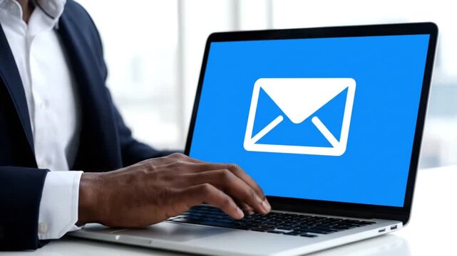 Business professional using laptop with email icon on screen