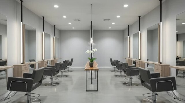 Modern Hair Salon Interior with Rows of Styling Chairs and Mirrors