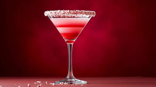 Festive peppermint martini with candy cane rim on red holiday background