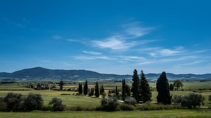 Expansive Tuscan Landscape Under a Vast Blue Sky with Wispy Clouds.