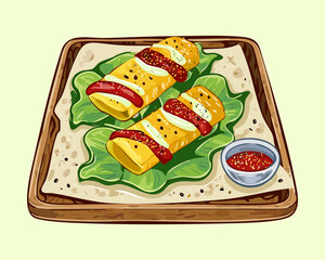 Delicious yellow corn wraps with spicy dipping sauce and fresh herbs on rustic wooden platter for dinner - Vector Illustration