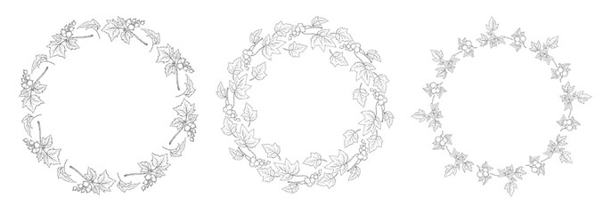 Currant Berry Round Wreaths Collection. Minimalist Floral Circle Frame Blackcurrant with Leaves. Isolated Outline Hand-Drawn with empty space in center. Vector illustration