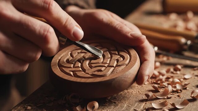 Close up of artisan's hands meticulously carving intricate patterns into a wooden coaster, showcasing traditional craftsmanship concept and creative hobby