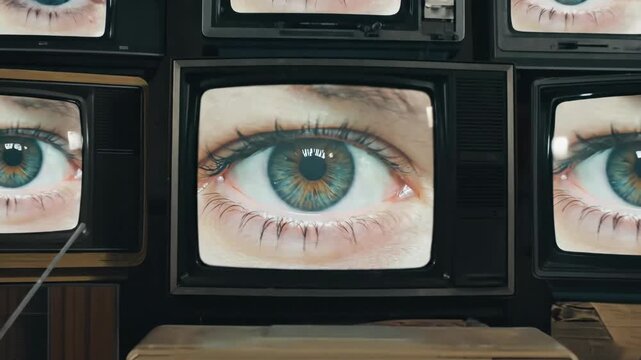 Womans closed eyes on many old television screens, then one eye opening on a vintage TV set, media consumption and technology concept.