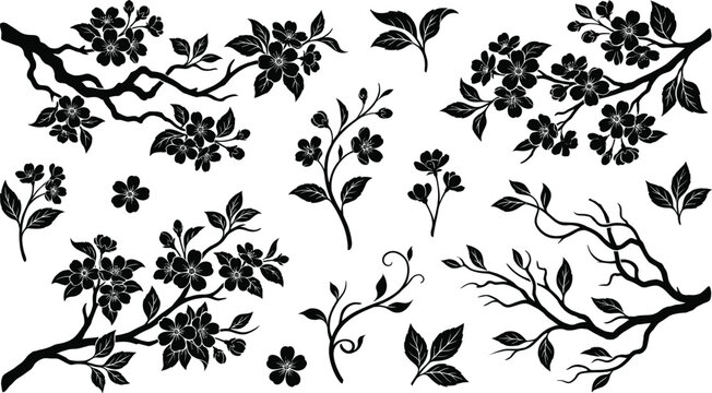 Black and white cherry blossom branch vector set, floral elements with sakura flowers and leaves, hand drawn botanical collection