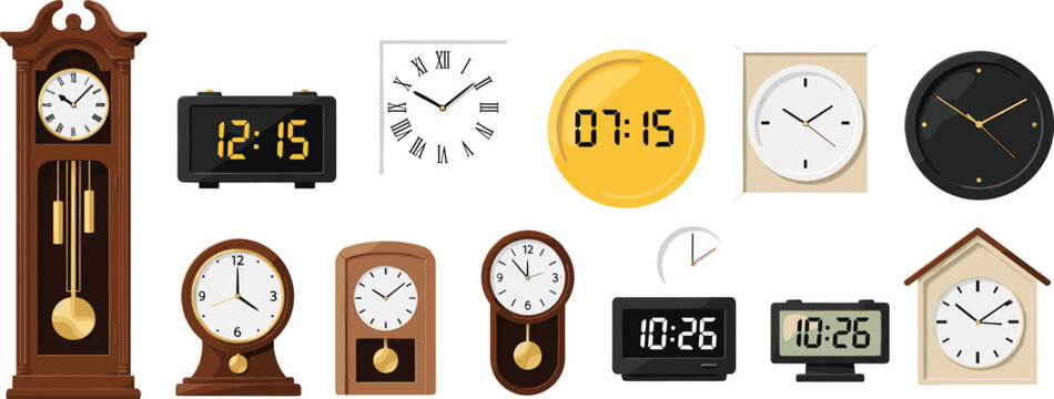 Assorted Clock Vector Collection Featuring Grandfather Clocks, Digital Displays, Wall Clocks, and Vintage Pendulum Designs for Time Management and Interior Decor Illustrations
