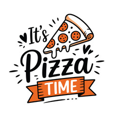 A colorful illustration of a pizza slice with playful lettering and decorative elements