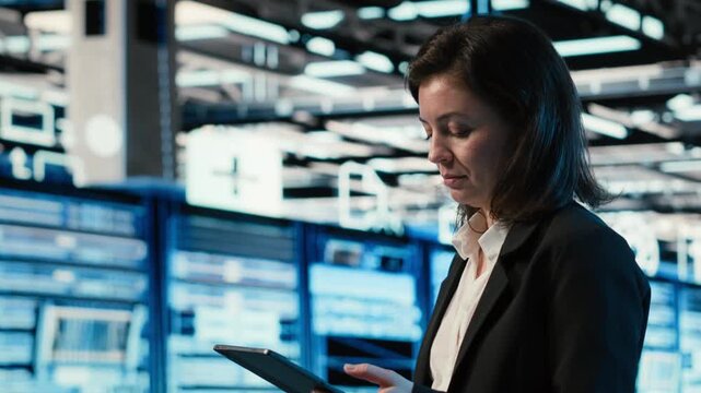 Optimizing servers, virtual graphics and system administrator in data center. Overseeing systems, wireframe mesh visualization VFX overlay and computer scientist in server hub, camera B