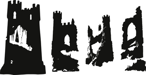 Obraz premium ancient stone castle towers silhouette against white background