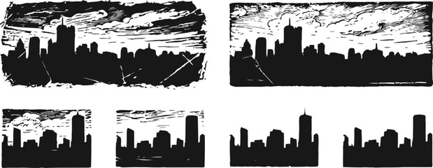 Black city skyline silhouettes with grunge textured backgrounds, urban buildings and skyscraper outlines