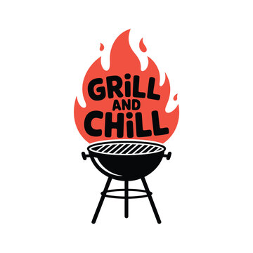 A vibrant graphic depicting a grill with flames promoting grill and chill