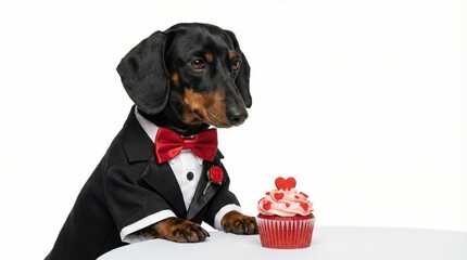 Black and tan Dachshund dog wearing tuxedo suit looking at red velvet valentine cupcake on white background