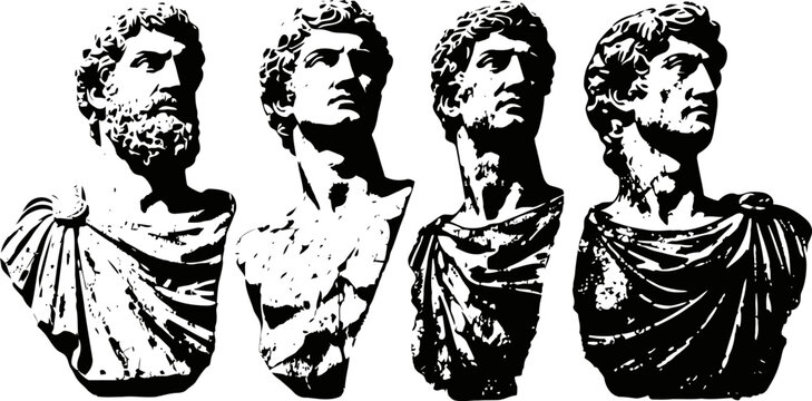 Classical roman bust sculptures of men with detailed hair and draped clothing in white and black marble