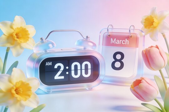 Daylight Saving Time starts 2026 Begins Concept with Glass Digital Clock at 2 AM and March 8 Calendar among Spring Daffodils and Tulips