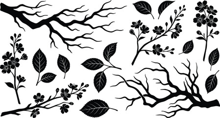 Black Cherry Blossom Silhouette Set with Sakura Flowers, Spring Branches, and Individual Leaves for Elegant Floral Vector Design Elements © PINKI