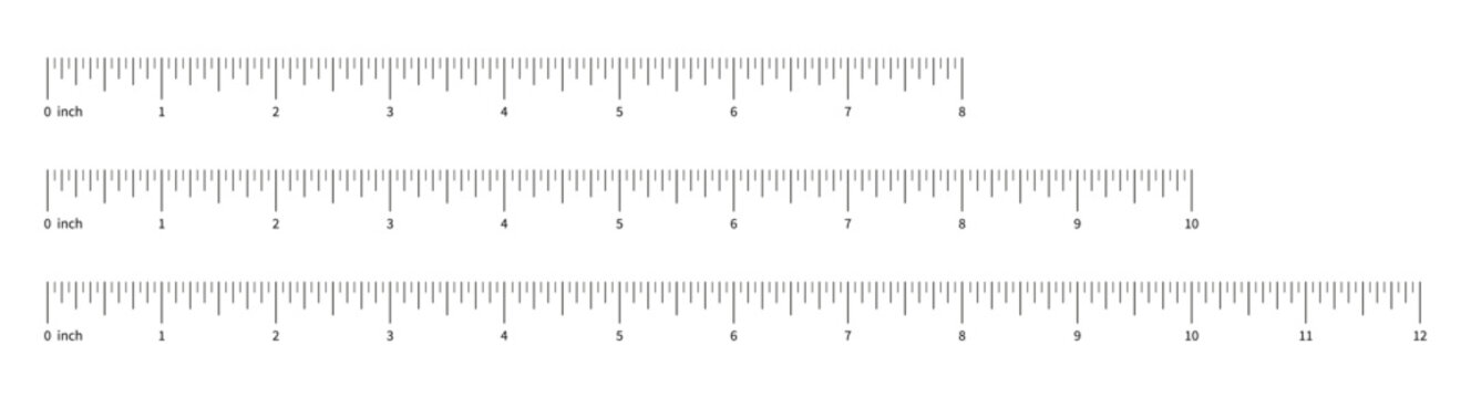 Measuring chart set, ruler scale with 10 and 12 inch. Length measurement distance, height, math with numbers. Sewing tool with eight, ten and twelve inches template. Ruler scale with 8 inches.