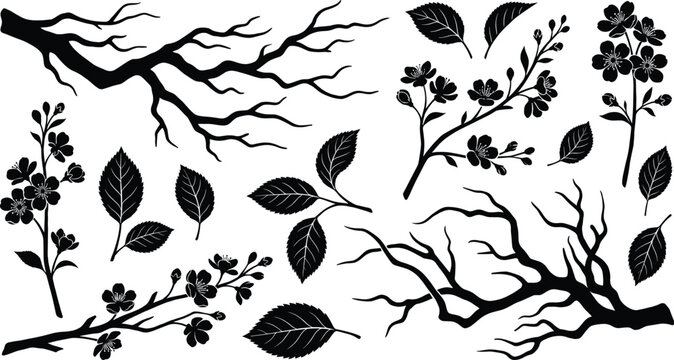 Black Cherry Blossom Silhouette Set with Sakura Flowers, Spring Branches, and Individual Leaves for Elegant Floral Vector Design Elements
