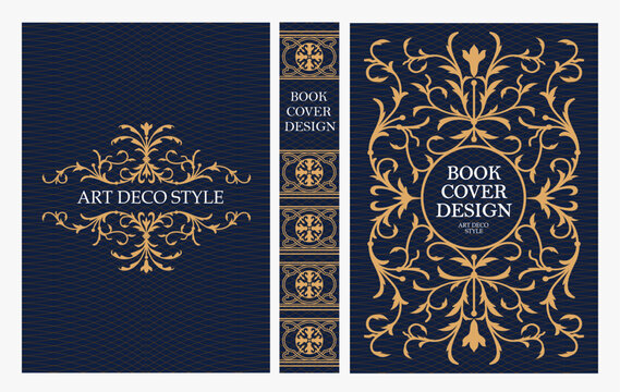 Classic vintage book cover and spine design with Art Deco, Baroque, Art Nouveau and Victorian ornaments. Elegant decorative frame, luxurious retro style for publications, posters and artistic layouts