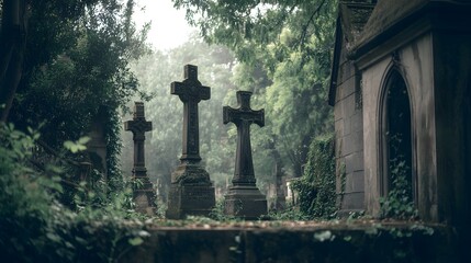 Ancient Cemetery Gravestones Under Overgrown Trees.